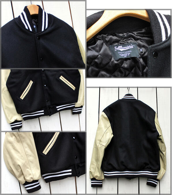 Settlemier's セトルマイアーズ スタジャン バーシティジャケット ブラック ウール ボーン レザー Varsity Jacket  Black Bone アメリカ製