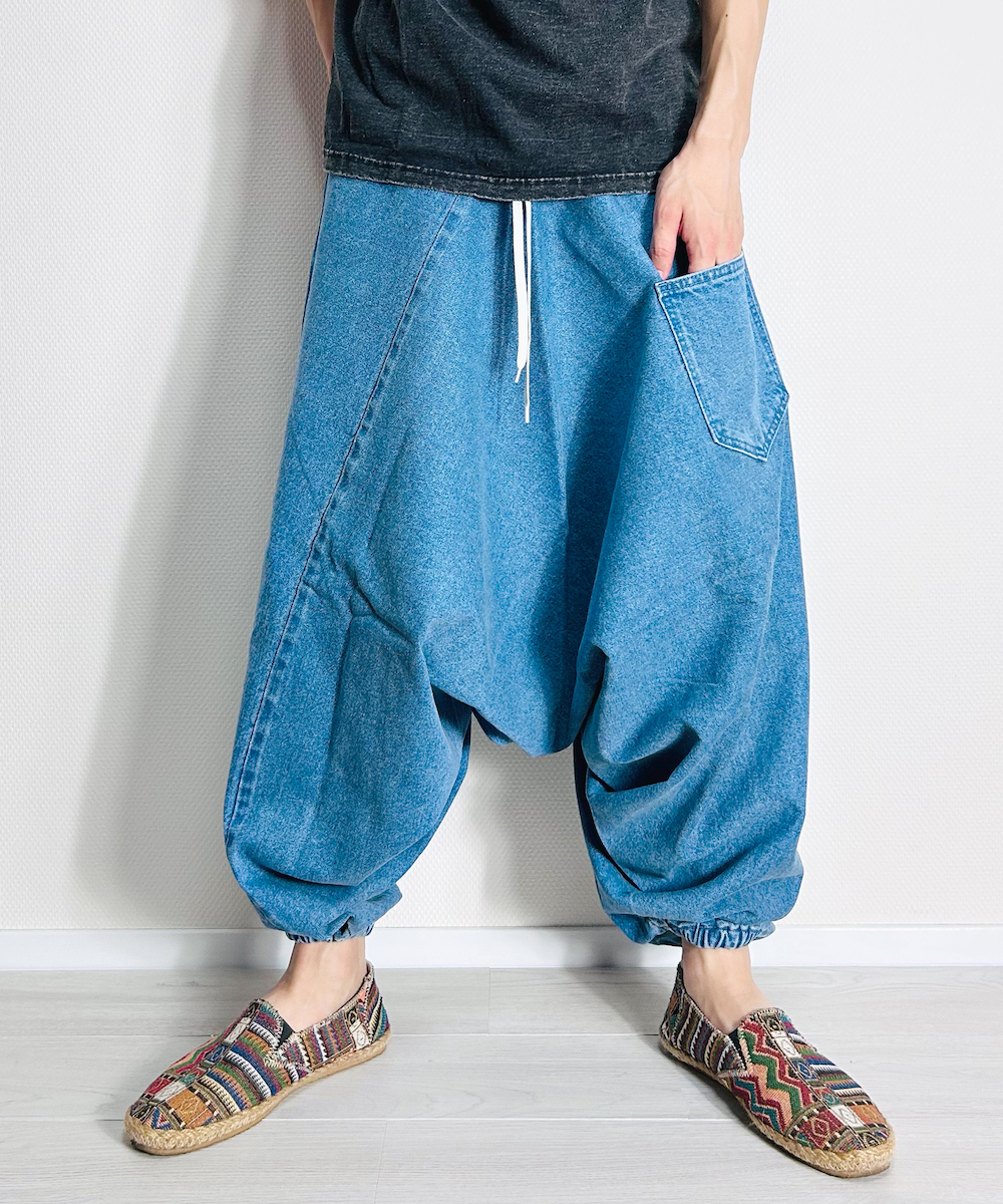 七青ページ　ゴム　サルエルパンツ BEATJIVE クロップドパンツ メンズ 涼しい デニムパンツ 7分丈
