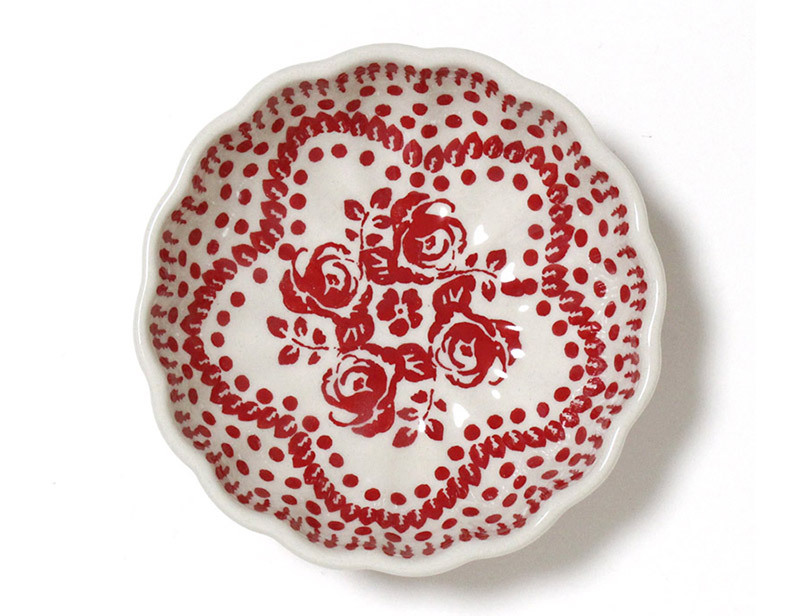ポーランド陶器・食器 シェルボウルS 12cm 赤いバラとレース模様