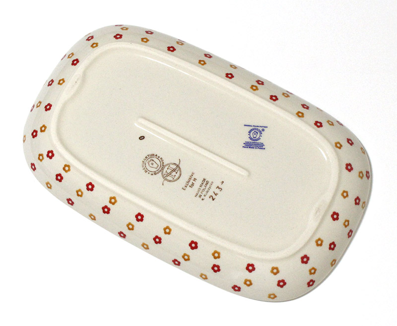 ○M46○ポーランド製　輪花オーバル浅鉢【未使用】ハンドメイド　かわいい　北欧 ポーランド食器 陶器 オーバルプレートL 28cm レッド＆オレンジの小花