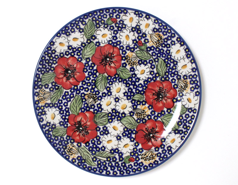 ポーランド 食器 陶器 プレート 22cm ハンドペイント赤いお花たち