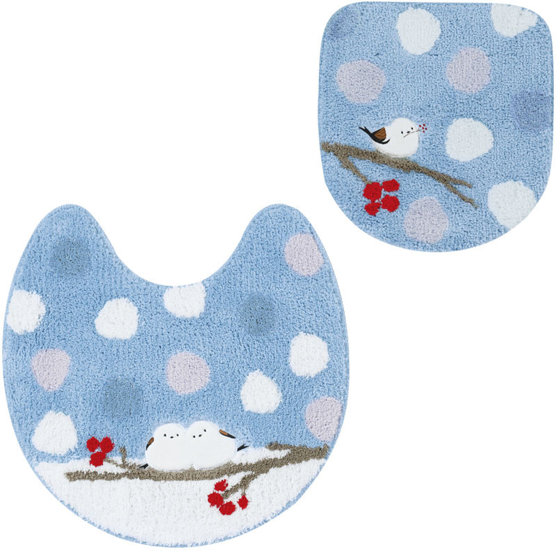 ブルー色　シマエナガ　トイレマットセット　動物　新品　鳥 シマエナガちゃん トイレマットとフタカバーのセット 60×60