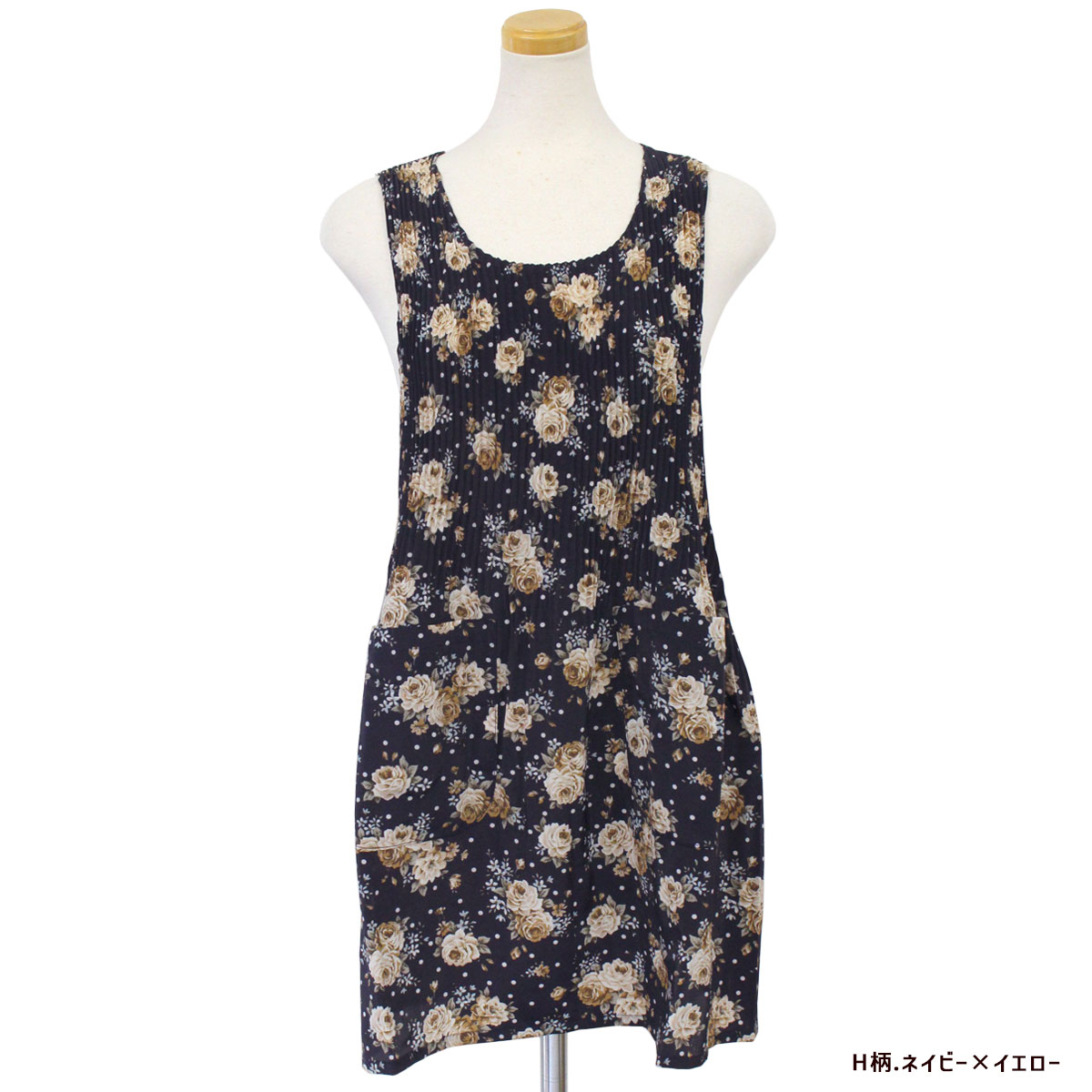 エプロン タブリエ 胸元プリーツ M〜L フラワーモチーフ プリント 薔薇