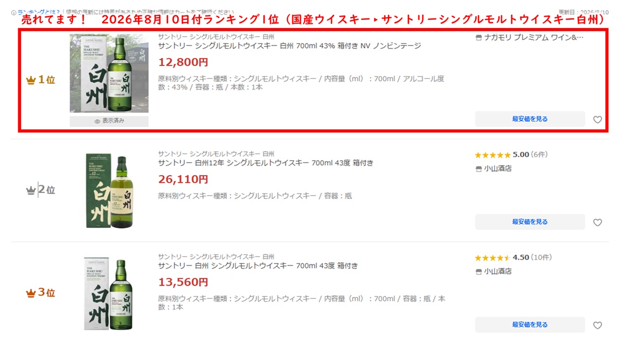 サントリー シングルモルトウイスキー 白州 700ml 43% 箱付き NV ノン