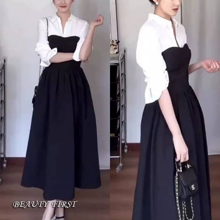 Aラインシャツドッキングワンピース ロング丈 襟付き ワンピース