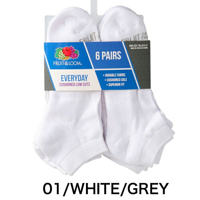 フルーツオブザルーム メンズ 靴下 6足セット 白 スニーカーソックス Men's Cushioned Low Cut Socks 6 Pack｜beautyholic｜02