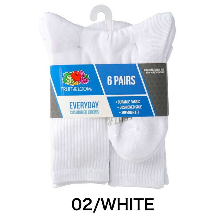 フルーツオブザルーム メンズ 靴下 6足セット 白 黒 クルーソックス ソックス Cushioned Crew Socks 6 Pack｜beautyholic｜03