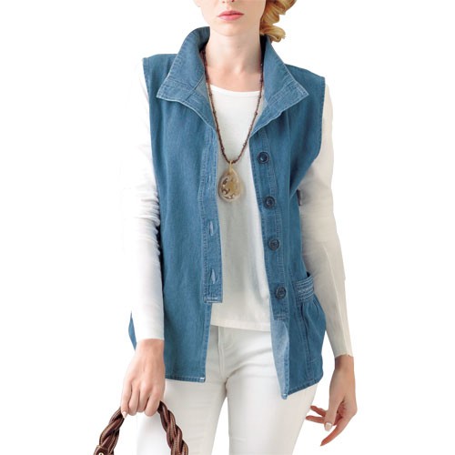 ノーカラージャケット レディース ノーカラーデニムロングジャケット