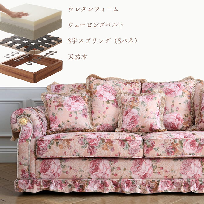 △予約△ロココ調 3人掛けソファ 薔薇柄 花柄 フリル付き クッション7