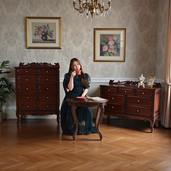 アンティーク調 ワイドチェスト 幅110cm ブラウン 茶色 マホガニー材