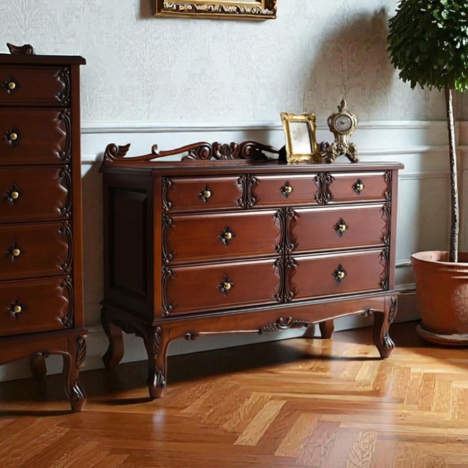 アンティーク調 ワイドチェスト 幅110cm ブラウン 茶色 マホガニー材