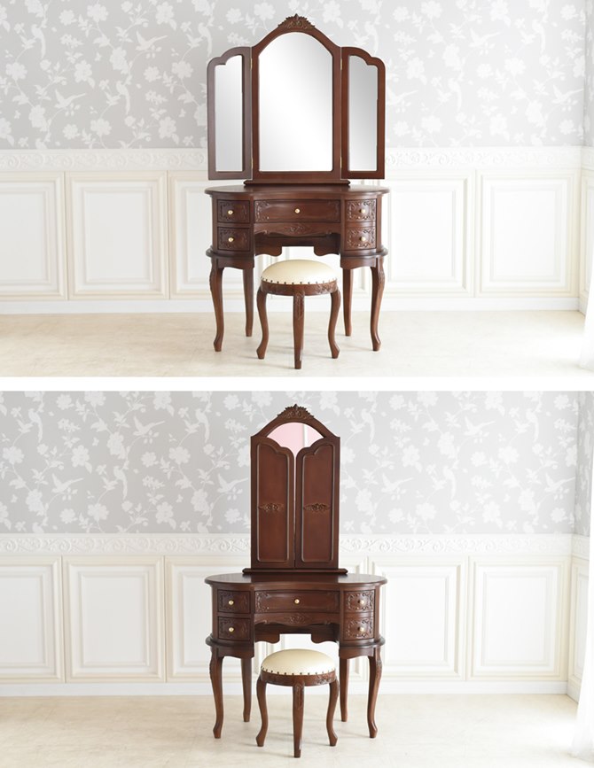 △予約△ドレッサー ブラウン 茶 三面鏡 可愛い ドレッサー&スツール