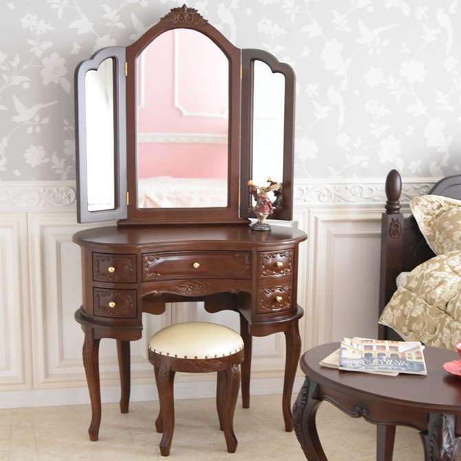 ドレッサー 椅子セット アンティーク調 三面鏡 ヨーロピアン 猫脚家具