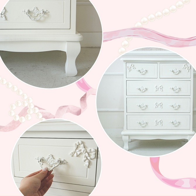 △予約△Stella Ribbon 姫系 チェスト ホワイト 幅65cm ロココ調