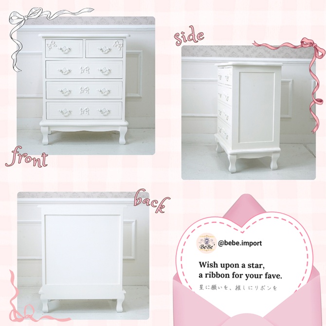 △予約△Stella Ribbon 姫系 チェスト ホワイト 幅65cm ロココ調
