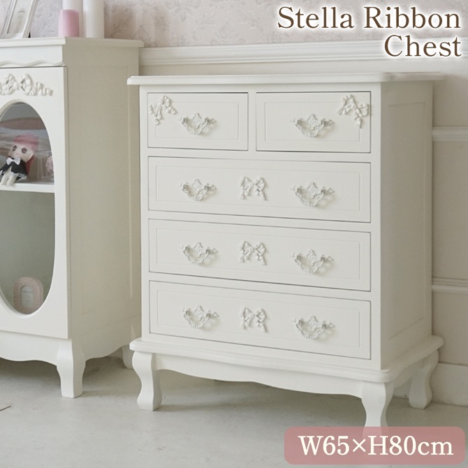 △予約△Stella Ribbon 姫系 チェスト ホワイト 幅65cm ロココ調