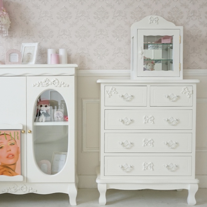 △予約△Stella Ribbon 姫系 ガラスショーケース 卓上 ホワイト 幅32cm