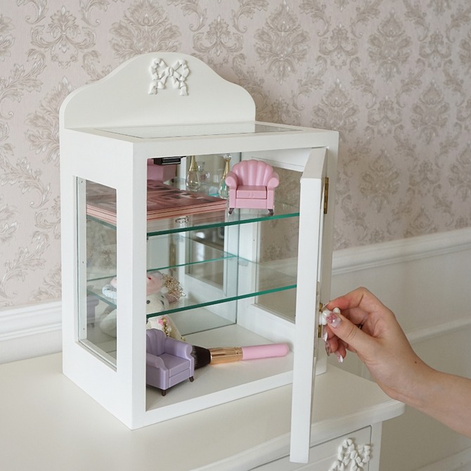 △予約△Stella Ribbon 姫系 ガラスショーケース 卓上 ホワイト 幅32cm