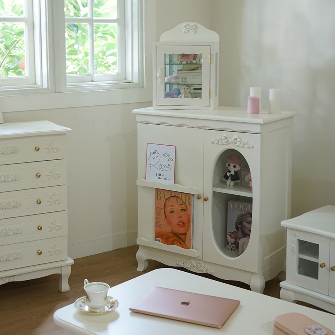 △予約△Stella Ribbon 姫系 ガラスショーケース 卓上 ホワイト 幅32cm