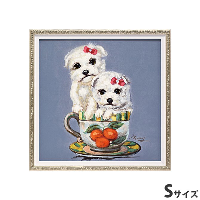 絵画 額アンティーク ハンドペイント かわいい おしゃれ 犬 オイル ペイント アート(Sサイズ)「ツー パピー イン カップ」