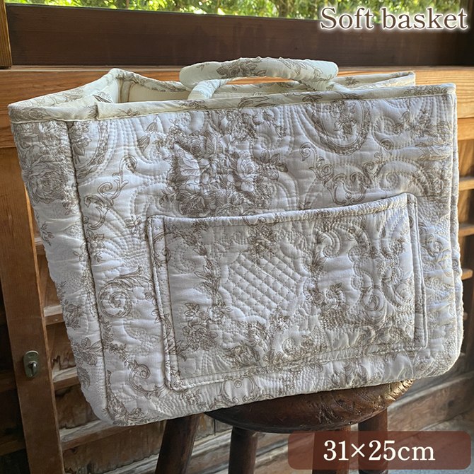 ソフトバスケット 31×23×25cm バッグ 鞄 トートバッグ サブバッグ キルト ベージュ アンティーク調 インテリア雑貨 fina beige フィナベージュキルト