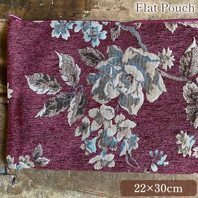 フラットポーチ 22×30cm ジャガード ワインレッド 花柄 化粧ポーチ 旅行用 布製 ロココ調 アンティーク調 ファッション雑貨 ヨーロピアン シック