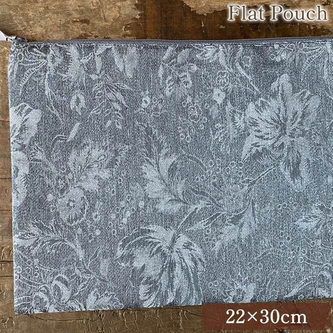 フラットポーチ 22×30cm ジャガード スモーキーブルー 花柄 化粧ポーチ 旅行用 布製 ロココ調 アンティーク調 ファッション雑貨 シック