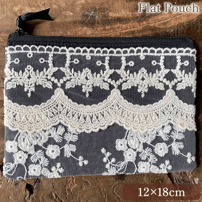 フラットポーチ S 12×18cm 化粧ポーチ 旅行用 レース 刺繍 ロココ調 ファッション雑貨 ヨーロピアン maria veil black マリアベージュブラック