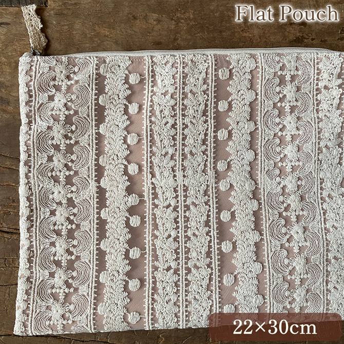 フラットポーチ L 22×30cm ポーチ 化粧ポーチ 旅行用 ファブリック レース 刺繍 ロココ調 姫系 アンティーク調 ファッション雑貨 clio クリオ