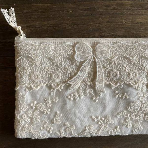 Yahoo! Yahoo!ショッピング(ヤフー ショッピング)レース ポーチ レース布 レース生地 12×18cm チュールレース レース刺繍 リボンモチーフ joli ruban ジョリルバン A1 フラットポーチS