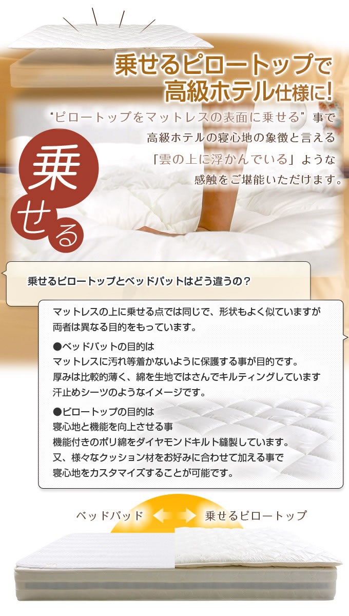 ピロートップ 後乗せ 洗える 洗濯 寝心地向上 日本製 国産 : mattress 