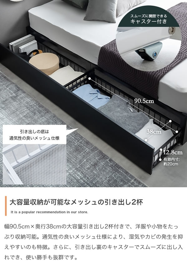 ヘッドレスデザインスチールパイプベッド【Stock】引き出し収納付きを通販で激安販売