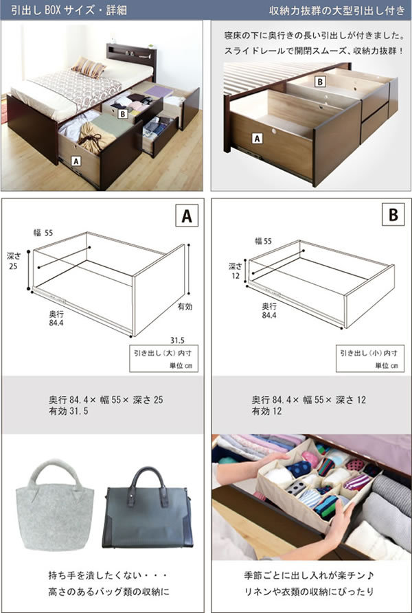奥行きが深い頑丈大型引き出しベッド スタンダード