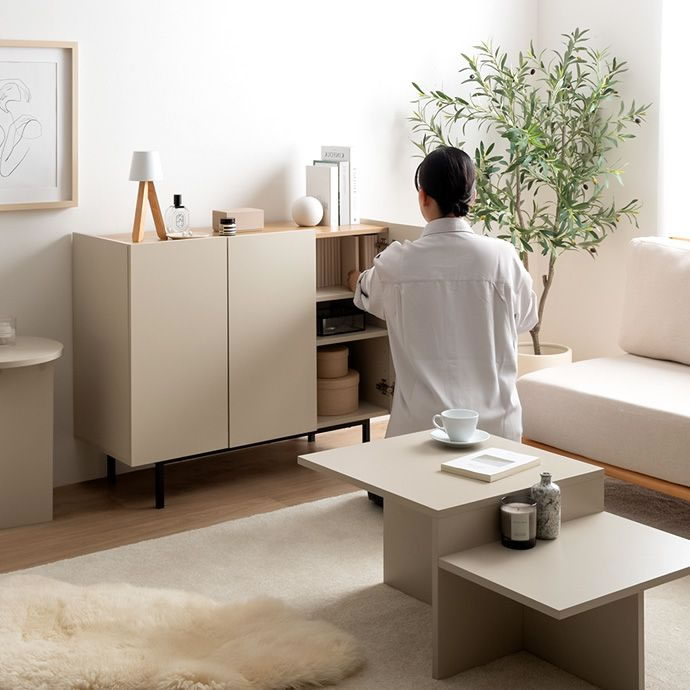 キャビネット 幅100cm 大容量収納 木目×グレージュ A4対応 ルーター