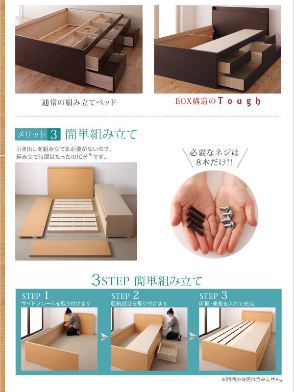 チェストベッド 耐荷重600kg 頑丈 日本製 BOX収納 浅型4杯 深型 長物
