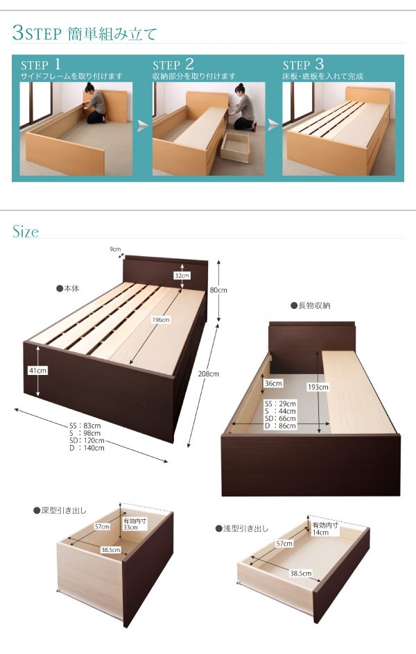 チェストベッド 耐荷重600kg 頑丈 日本製 BOX収納 浅型4杯 深型 長物