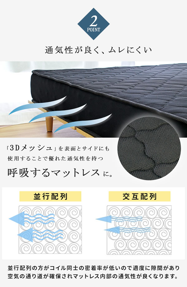 10cmサイズで選べるセミオーダー3Dメッシュポケットコイルマットレス【KURO】を通販で激安販売