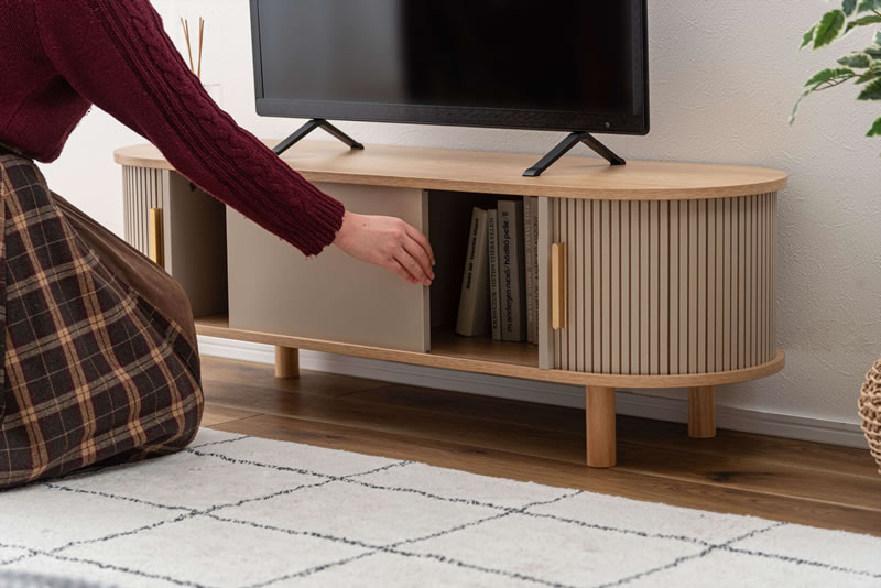 ローボード リブデザイン 曲線 テレビ台 収納 スライド扉 木目