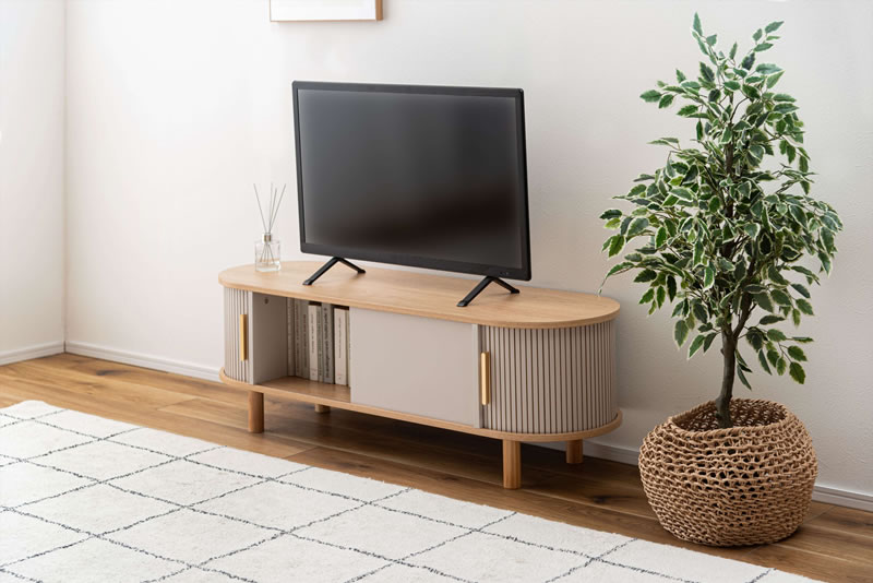 ローボード リブデザイン 曲線 テレビ台 収納 スライド扉 木目