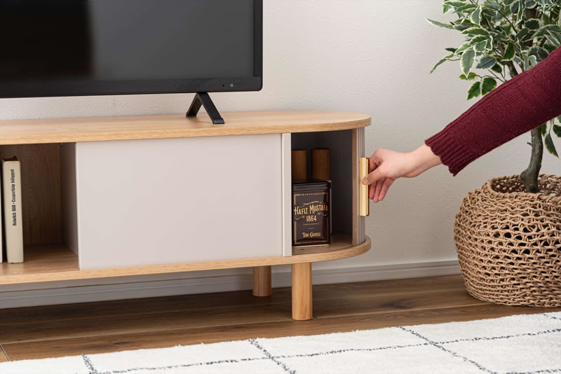 ローボード リブデザイン 曲線 テレビ台 収納 スライド扉 木目