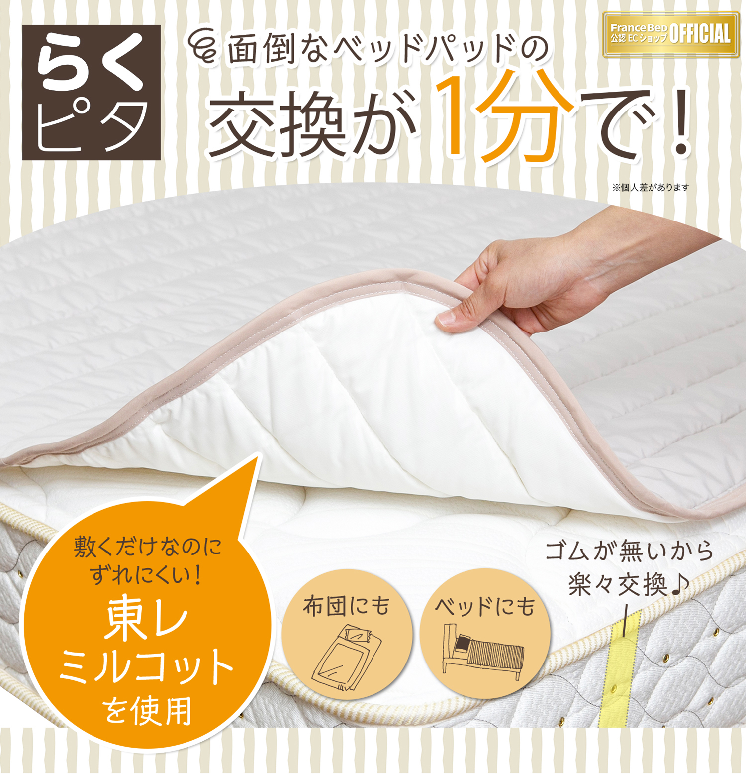 フランスベッド らくピタ 羊毛ベッドパッド 置くだけ ベッドパッド 敷きパッド ダブル 羊毛 ウール_1