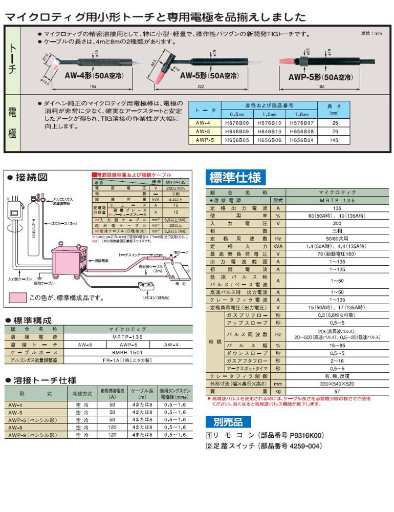 TIG溶接機]ダイヘン 直流パルス マイクロティグ トーチ(ＡＷ−５) 8ｍ 