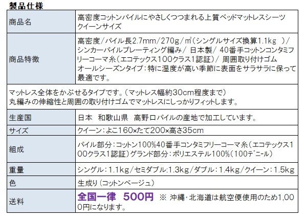 やさしい上質の肌さわりオールシーズン 高密度 コットンパイル ベッド