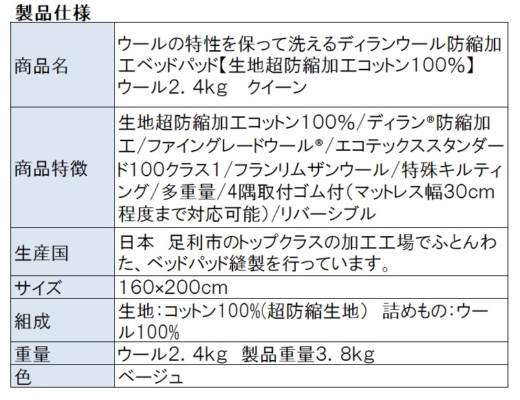 ウールの特性を保って洗える ウールベッドパッド ダブル ウール２．１ｋｇ 英国ディラン防縮加工 日本製 ファイングレードウール エコテックス１００  :680031:ベッドスプレッドハウス - 通販 - Yahoo!ショッピング