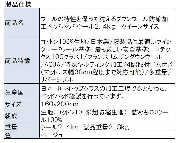 ベッドパッド製品仕様
