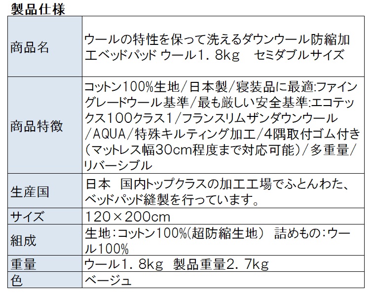 ベッドパッド製品仕様