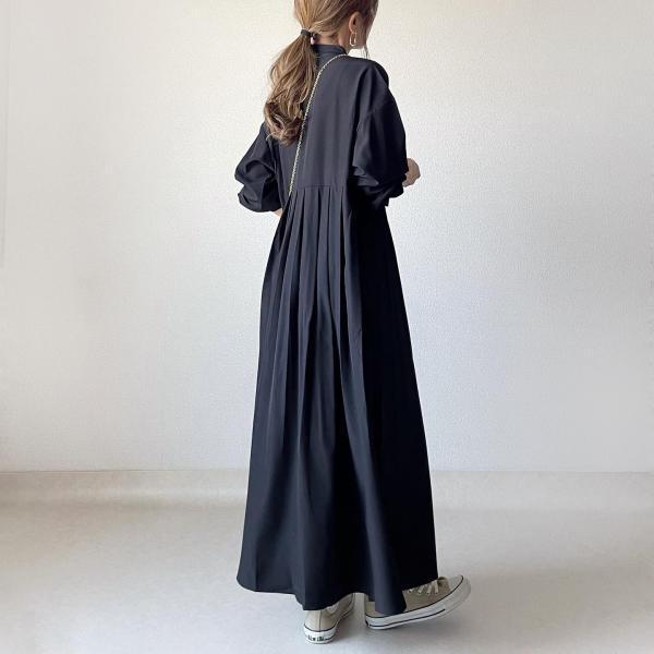 ワンピース レディース 長袖 ロング 黒 おしゃれ 秋 春 体型カバー マキシ丈 ゆったり シンプル シャツワンピ きれいめ プリーツ | ブランド登録なし | 01