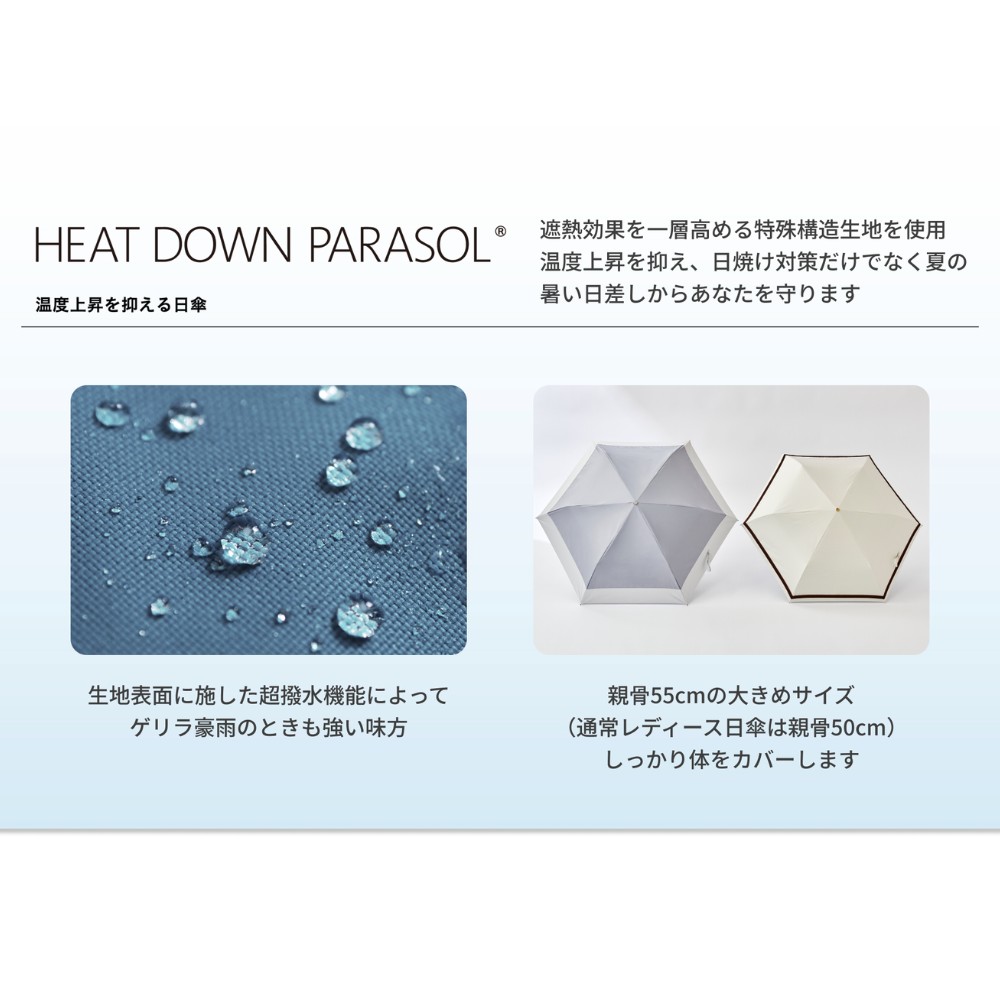 ヒートダウンパラソル 日傘 雨傘でも使える切継 遮光率・UVカット率100