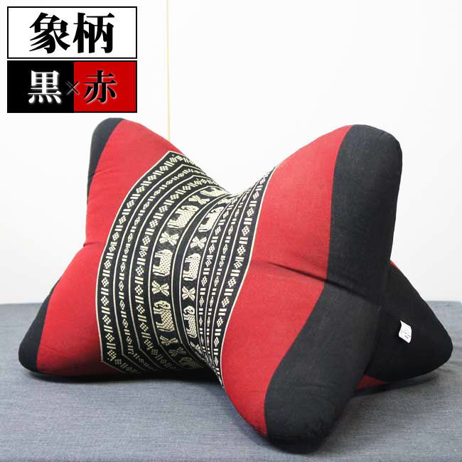 タイ 三角枕 クッションマット　畳める　ごろ寝　象　黒ｘ赤 エスニック アジアン 三角枕 タイ 三角 クッション 枕 4段 マット3枚 象柄 赤黒 座椅子 昼寝