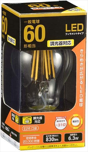 OHM LED�d�� ��ʓd���` E26 60�`���� 6W �d���F �t�B�������g�^�C�v �N���A ������Ή� LDA6L�^D C6 06�|3483 �I�[���d�@
